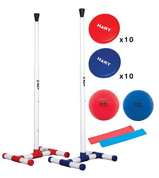 HART Tip It Tower Game Kit with colorful plastic pieces stacked on a tower for family fun and skill testing.