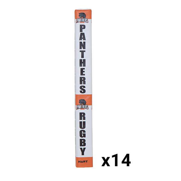 Set of four HART rugby sideline post pads with black and white padding for safety and visibility during matches.