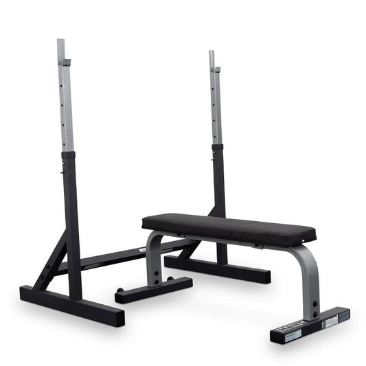 HART squat stand combo with flat bench for weight training, featuring adjustable squat supports and a sturdy workout bench.
