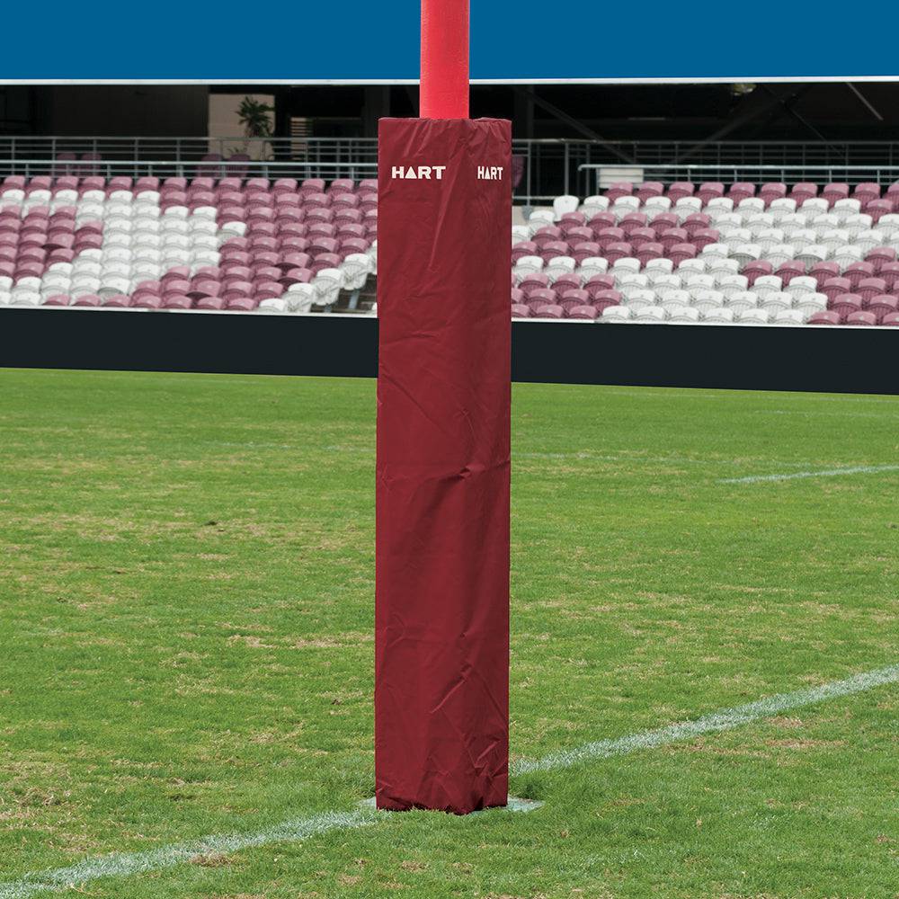 Set of four HART square rugby post pads, 25cm white protective padding for rugby posts, designed for safety and durability.