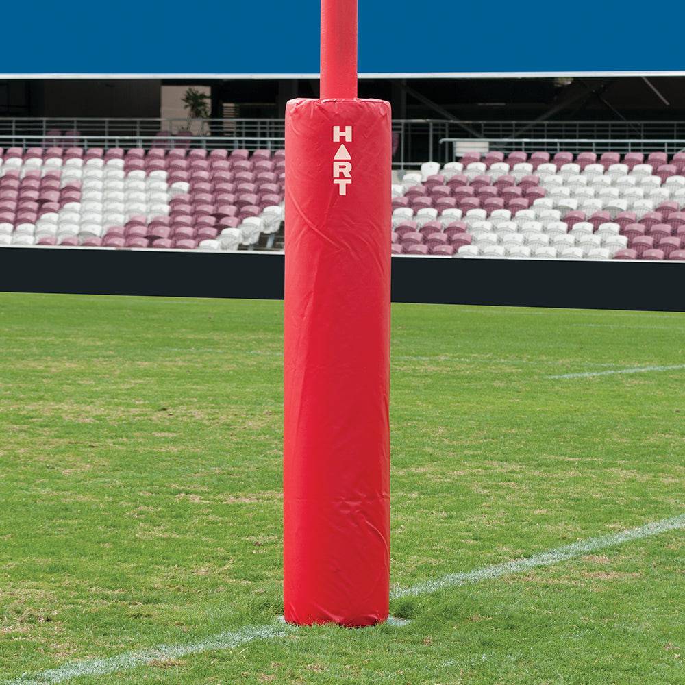 Set of four HART round rugby post pads, 35cm diameter with 100mm cut-out, designed for safety and protection during play.