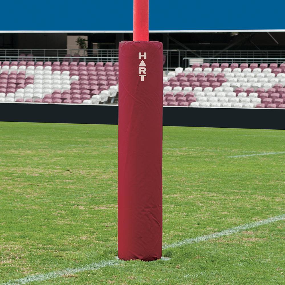 Set of four HART round rugby post pads, 35cm diameter with 100mm cut-out, designed for safety and visibility on rugby posts.